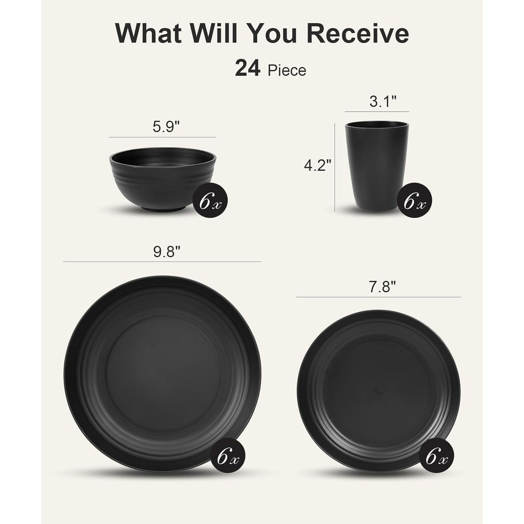 Quatish 24 Piece Plates and Bowls Sets for 6, Unbreakable Dinnerware Sets, Dish Set for Camping, Dishwasher Microwave Safe, Outdoor Kitchen and Apartment Dinning RV Essentials, Black
