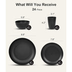 Quatish 24 Piece Plates and Bowls Sets for 6, Unbreakable Dinnerware Sets, Dish Set for Camping, Dishwasher Microwave Safe, Outdoor Kitchen and Apartment Dinning RV Essentials, Black