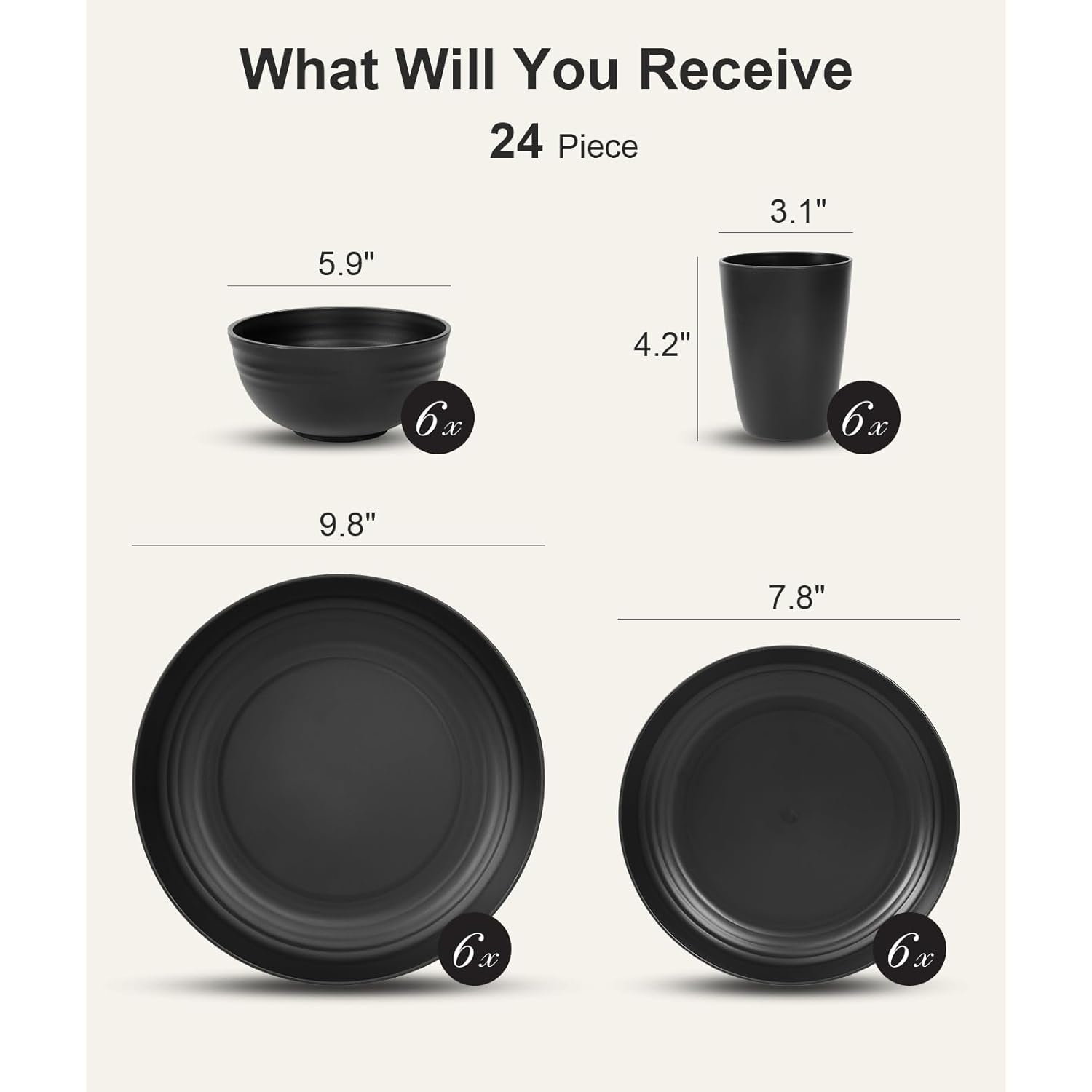 Quatish 24 Piece Plates and Bowls Sets for 6, Unbreakable Dinnerware Sets, Dish Set for Camping, Dishwasher Microwave Safe, Outdoor Kitchen and Apartment Dinning RV Essentials, Black