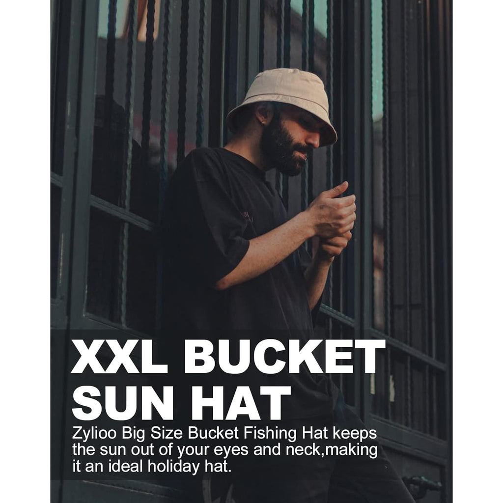 XXL Oversize Bucket Hat Reversible, XL L M S Fisherman Sun Cap With Chin Strap, Travel Beach Outdoor Hat For Men Women Black-beige