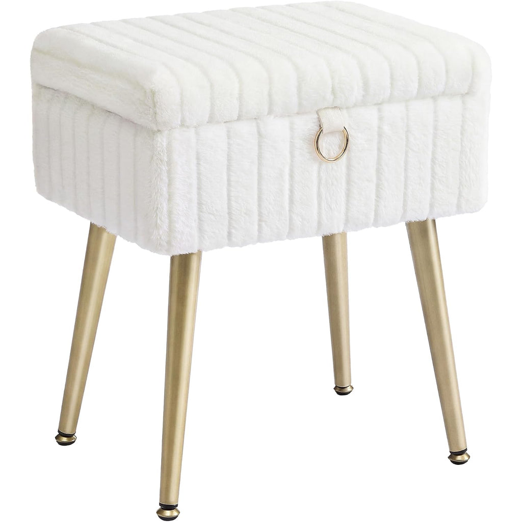 Songmics Vanity Stool Chair Faux Fur With Storage, Vanity Bench, Metal Legs, Adjustable Feet, For Living Room, Bedroom, Makeup Room, Cream White Ulom505Wz02
