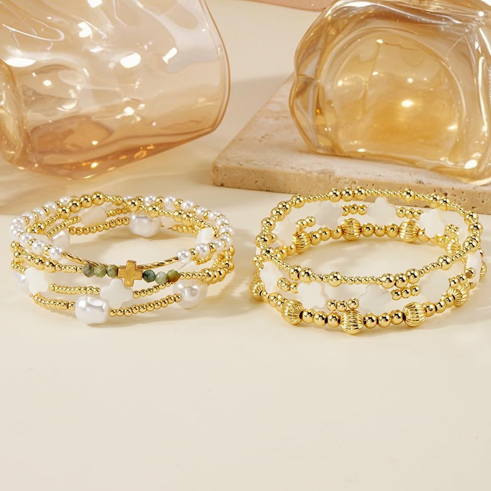 Dainty Cross Clover Gold Beaded Pearl Bracelet Stack for Women,Handmade Boho Gold Plated Beads Stretch Stackable Bracelets Fashion Birthday Prom Jewelry Accessories Mothers Day Gifts Friendship