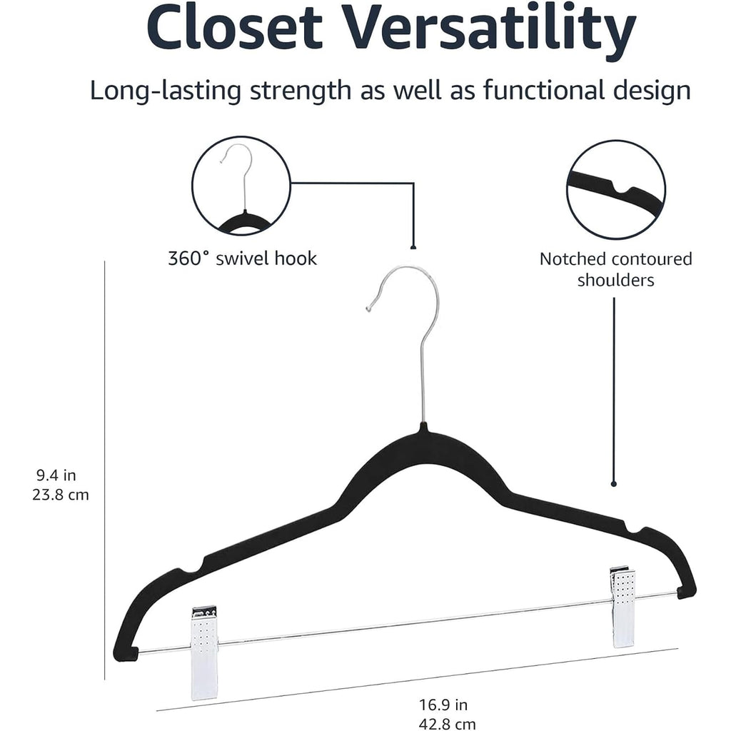 Amazon Basics Velvet Non-Slip Skirt Clothes Hangers With Clips, 360 Degree Rotatable Hook, Organize Pants And Skirts, Black/Silver, 24-Pack