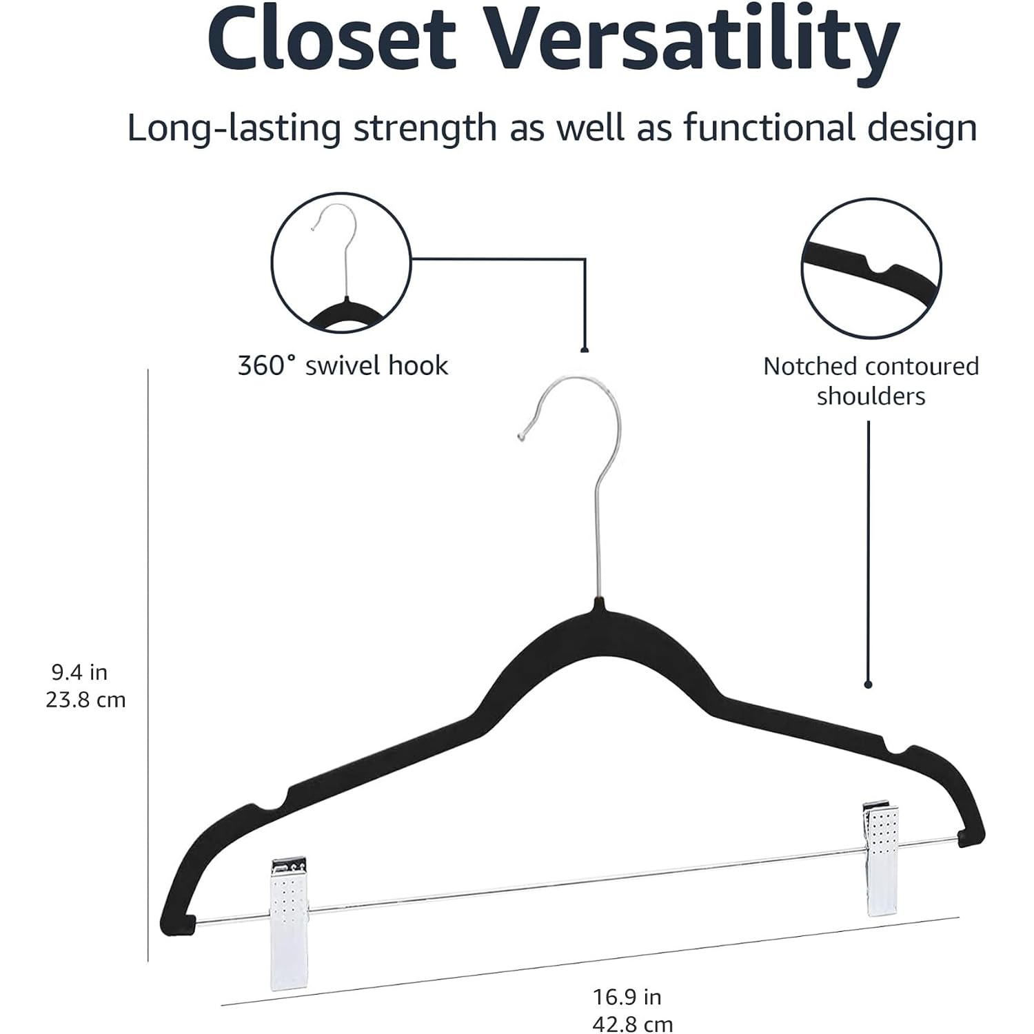 Amazon Basics Velvet Non-Slip Skirt Clothes Hangers With Clips, 360 Degree Rotatable Hook, Organize Pants And Skirts, Black/Silver, 24-Pack