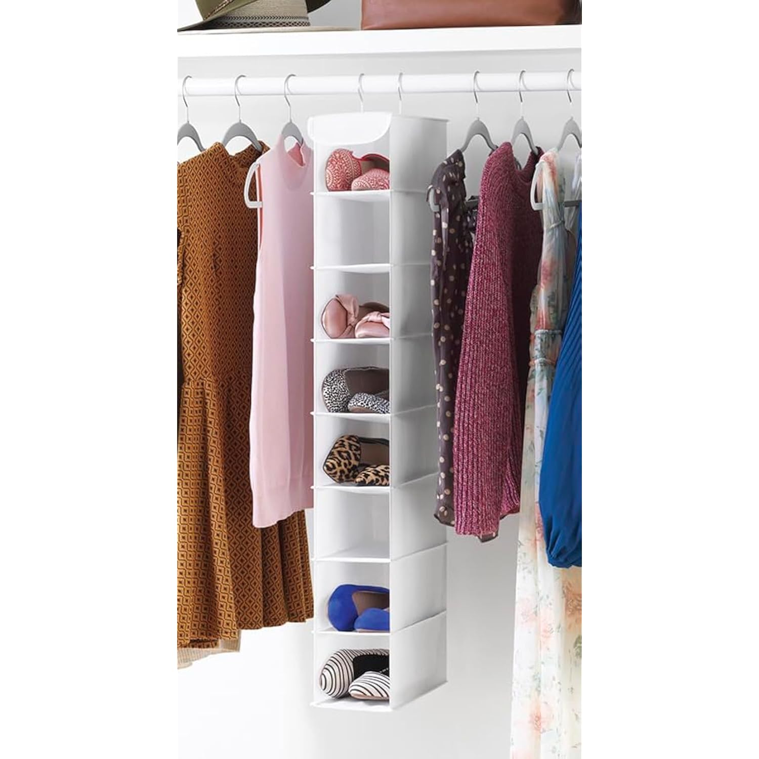 Whitmor Hanging Shoe Organizer, 8 Shelves-Hanging Closet Organizer, Hanging Shoe Rack For Small Closet, Hanging Shelves For Storage Shoes Clothes 11.5" D X 5.5" W X 41" H, White