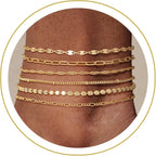 Tewiky Waterproof Ankle Bracelets for Women, 14K Real Gold Plated Anklets for Women 6PCS Anklet Set Dainty Summer Beach Jewelry