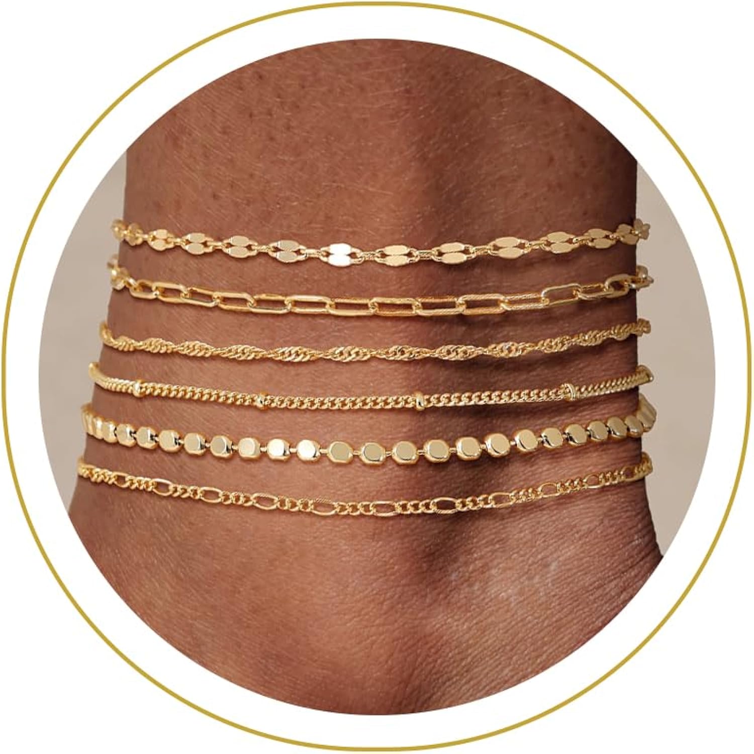 Tewiky Waterproof Ankle Bracelets for Women, 14K Real Gold Plated Anklets for Women 6PCS Anklet Set Dainty Summer Beach Jewelry