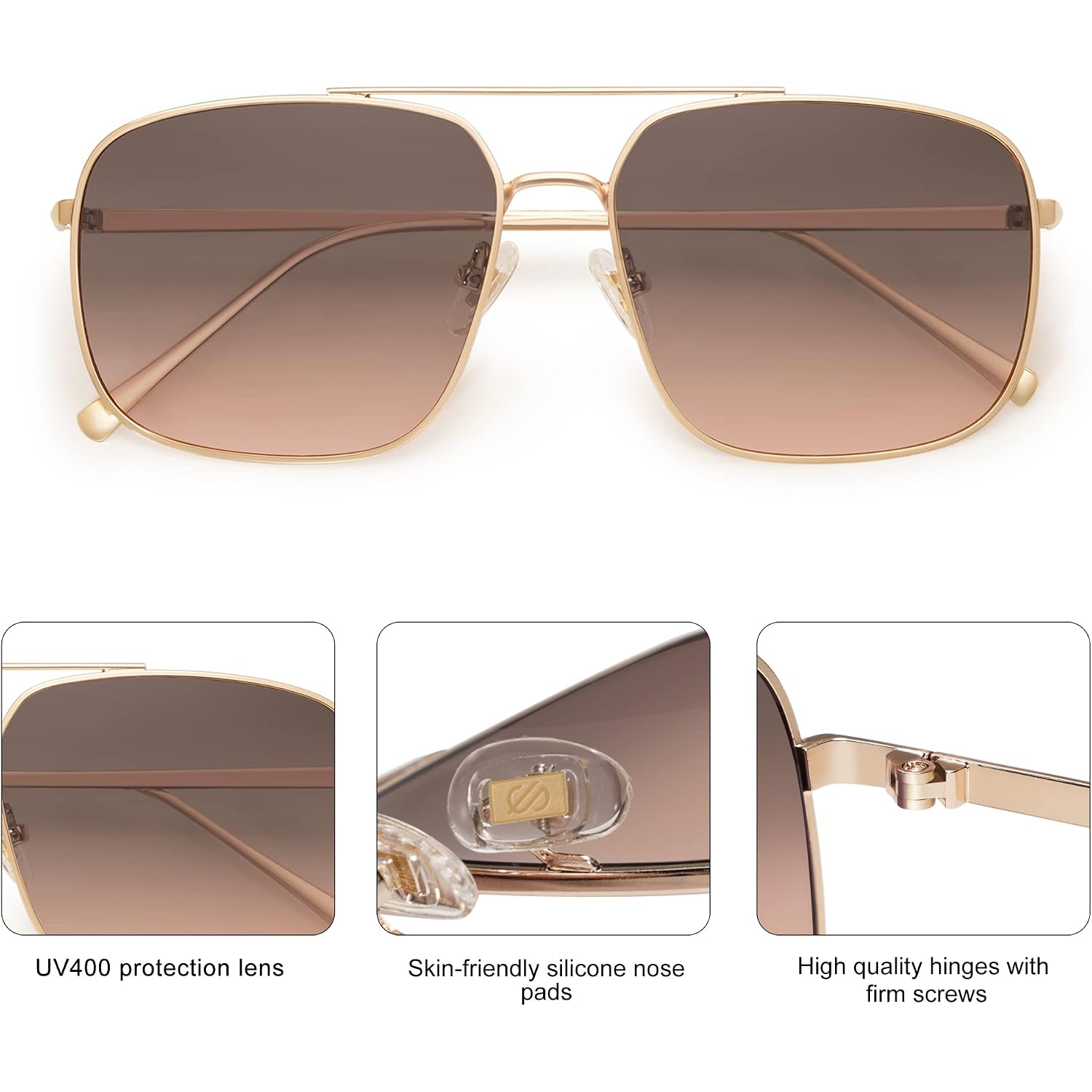 SOJOS Trendy Square Aviator Sunglasses for Women Men, Gold Frame Light Tint Gradient Shades SJ1176 Gold/Grey Gradient Pink