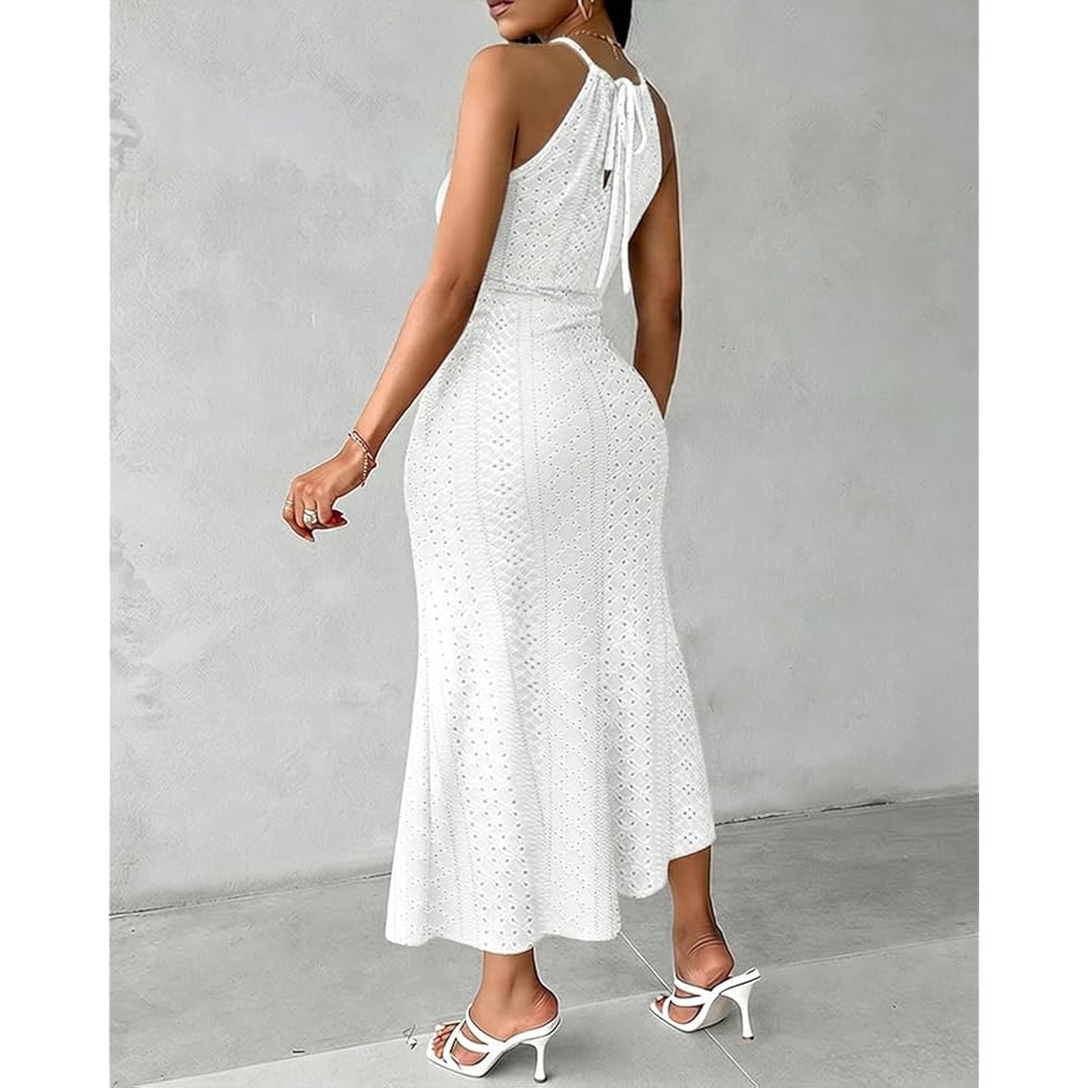 Chicme Womens Summer Halter Ruched Bodycon Long Dresses Hollow Out A Line Eyelet Embroidery & Side Slit Vacation Tank Dress