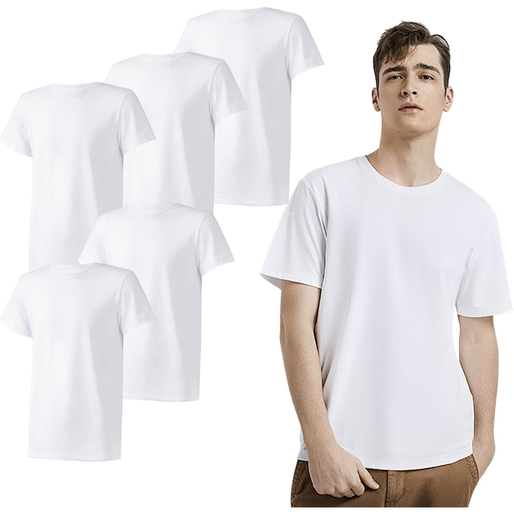5 Pack White Polyester T-Shirts For Sublimation, Crew Neck, Short Sleeve