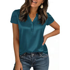 Women Satin Blouse for Women Business Work Tops Casual Cap Sleeve V Neck Button Down Shirts