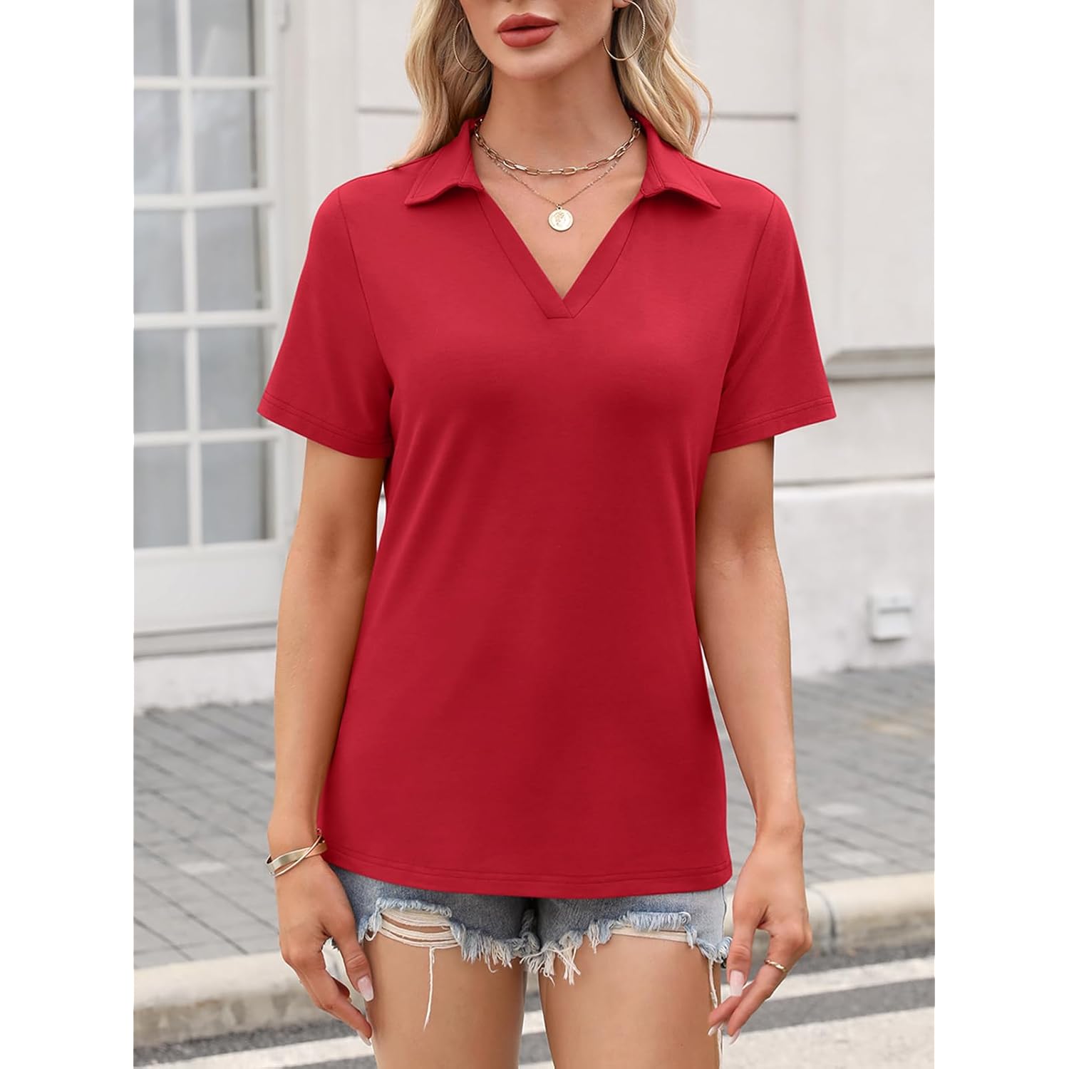 Women's Polo Shirts Short Sleeve V Neck Summer Tops Business Casual Collared Shirts Loose Tees