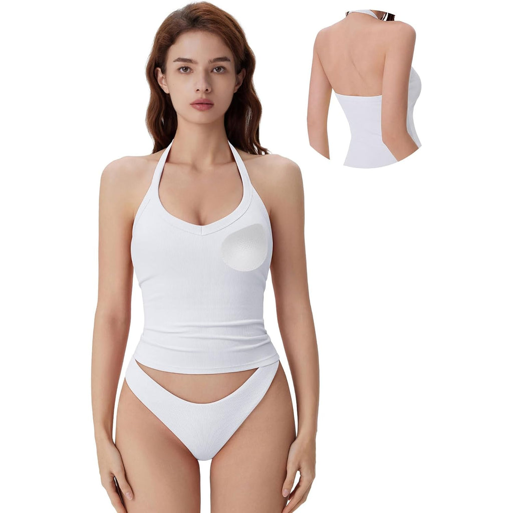 SUUKSESS Halter Tank Top for Women with Built in Bra Cotton Ribbed V Neck Cami