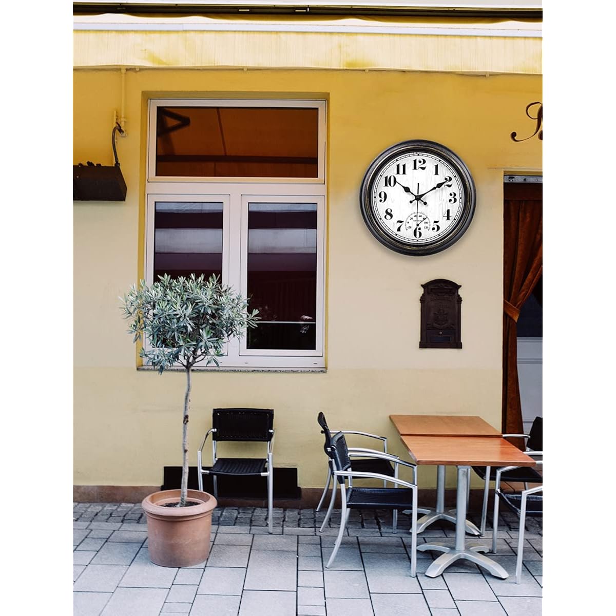 45Minst 12 Inch Indoor/Outdoor Retro Round Waterproof Wall Clock With Thermometer, Silent Non Ticking Battery Operated Quality Quartz Wall Clock Home/Patio Decor(Black Gold)