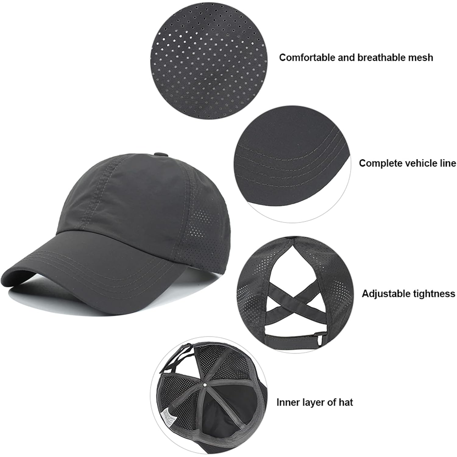 HGGE Womens Criss Cross Ponytail Baseball Cap High Messy Bun Ponycap Trucker Hat Quick Drying Mesh Dad Hat for Outdoor Sports Dark Grey