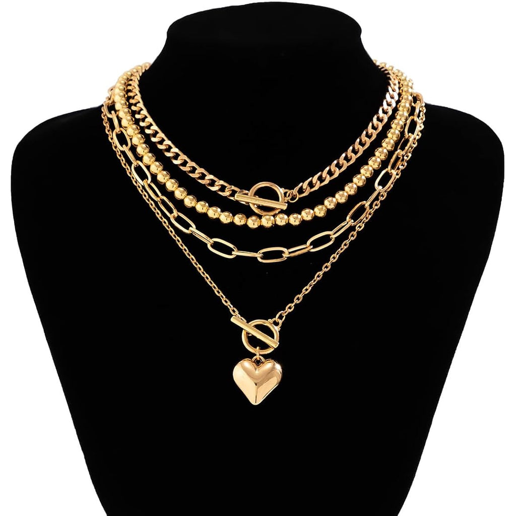 Otxas Layered Necklace for Women Non Tarnish Chunky Necklace Stack for Women Paperclip Chain Necklaces Retro Coin Medallion Heart Pendant Necklaces Chunky Jewelry Set