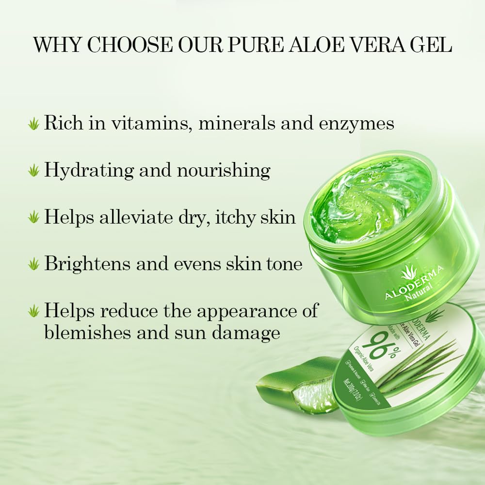 Aloderma Aloe Vera Gel Made Within 12 Hours Of Harvest With 96% Pure Organic Aloe Vera For Skin, Scalp, & Hair, Soothing Aloe Face Moisturizer, Multipurpose, Hydrating Aloe Gel, 7.05Oz