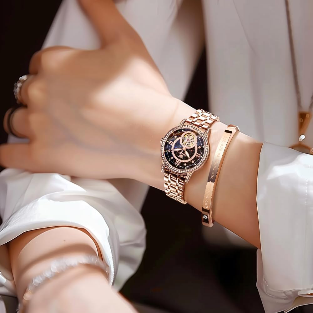 Olevs Automatic Womens Watches Mechanical Diamond Skeleton Luxury Dress Stainless Steel Silver/Rose Gold Waterproof Luminous Ladies Wrist Watches Gift Set