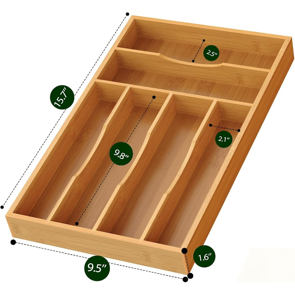 Bamboo Silverware Organizer, Bamboo Kitchen Drawer Cutlery Organizer, Utensil Holder, Flatware Organizer Tray (15.8"X9.5"X1.6")