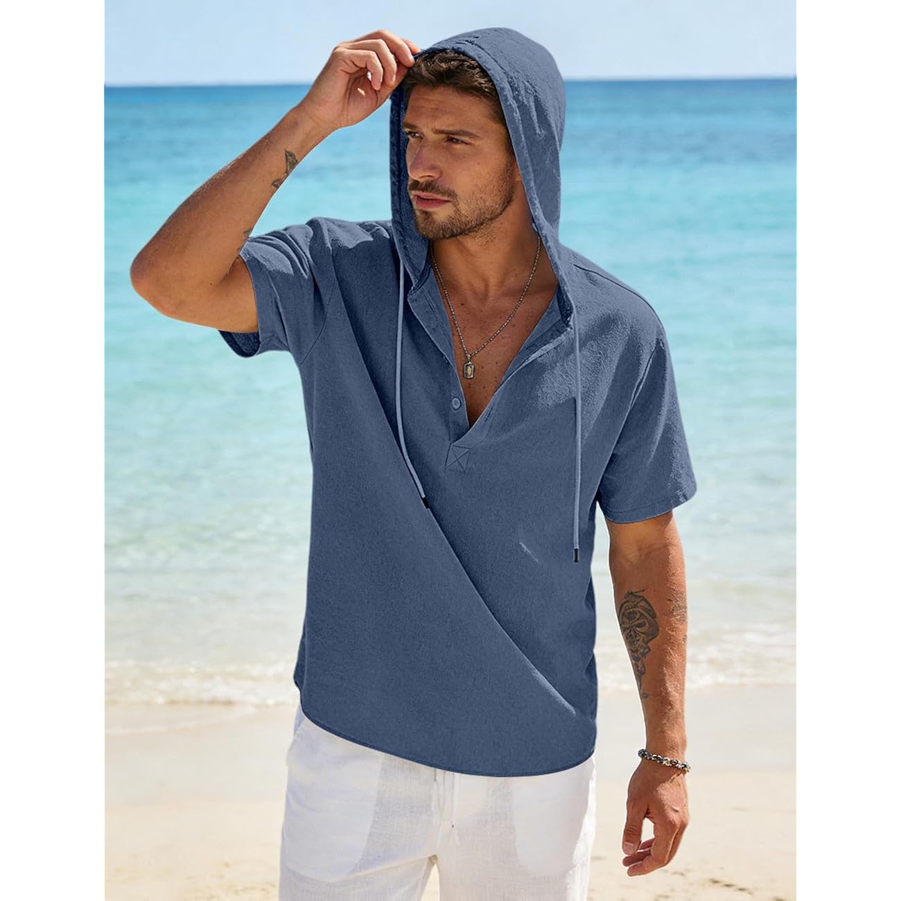 Men'S Cotton Linen Shirts Short Sleeve Casual Button Down Hoodies Summer Hawaiian Beach Top With Drawstring