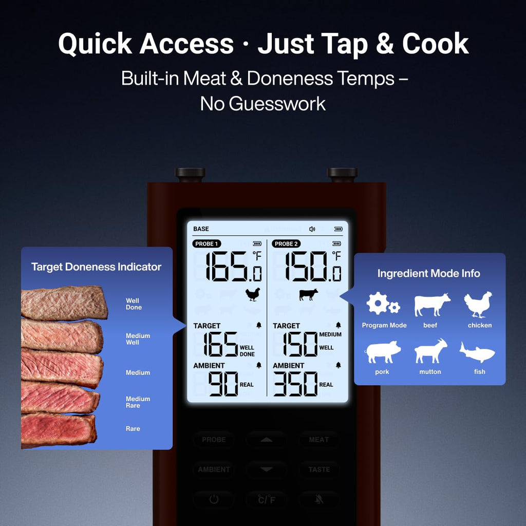 Thermomaven 3000Ft Wireless Meat Thermometer, No App Needed, 2 Probes | Sub-1G Long Range, Digital Smart Base, 6 Sensor Nist Accuracy, Ipx8, Bbq Smoker Grill Oven Brisket Steak Turkey Pork Roast