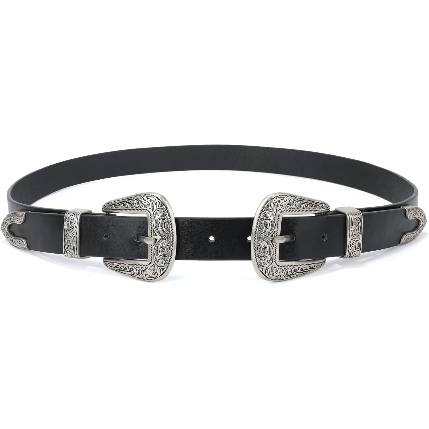 JASGOOD Double Buckle Western Belts for Woman Cowgirl Country Belt Vintage Black Leather Belt for Jeans Pants Dresses