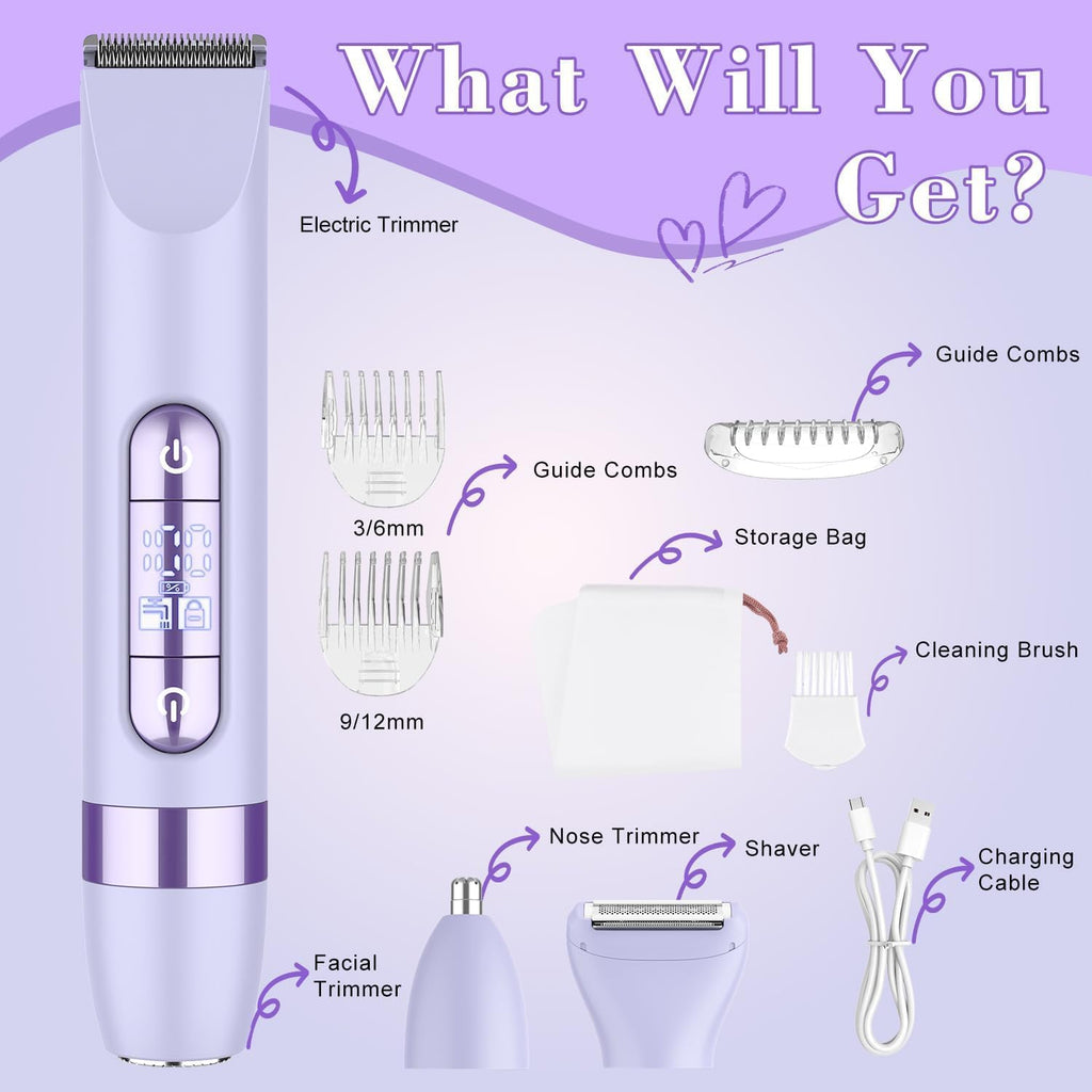 Hatteker 4-in-1 Women's Electric Razor, Dual-Head Body Hair Trimmer for Women, IPX7 Waterproof Rechargeable Bikini Trimmer & Facial Hair Remover for Legs, Armpits, Face, Nose, Eyebrows, Purple
