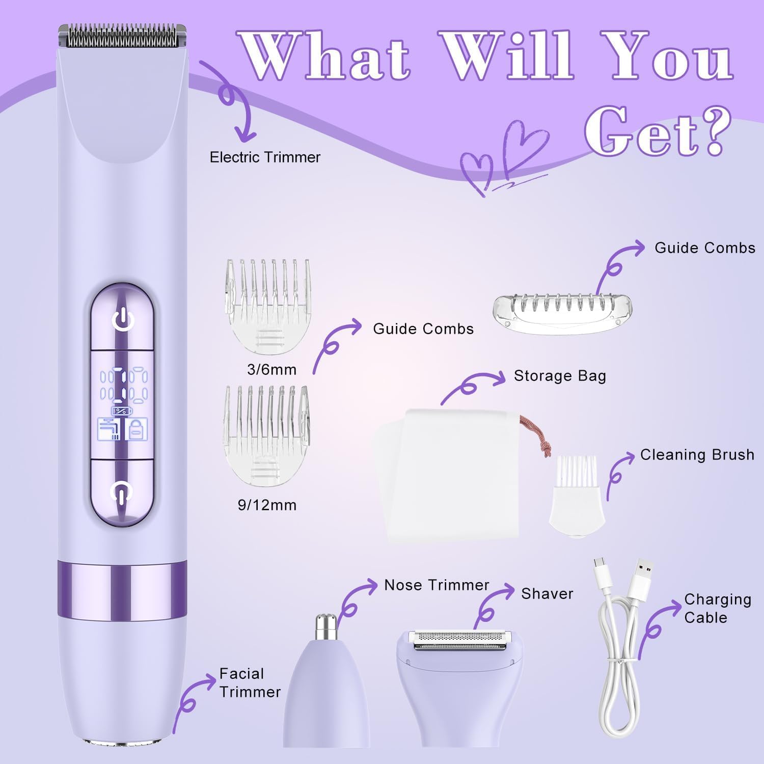 Hatteker 4-in-1 Women's Electric Razor, Dual-Head Body Hair Trimmer for Women, IPX7 Waterproof Rechargeable Bikini Trimmer & Facial Hair Remover for Legs, Armpits, Face, Nose, Eyebrows, Purple