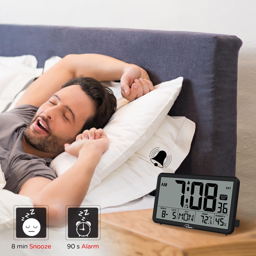 Auto Set Digital Wall Clock Battery Operated, Desk Clocks With Temperature, Humidity And Date, Large Display Digital Calendar Alarm Clock For Elderly, Bedroom, Office, 8 Time Zone, Auto Dst.