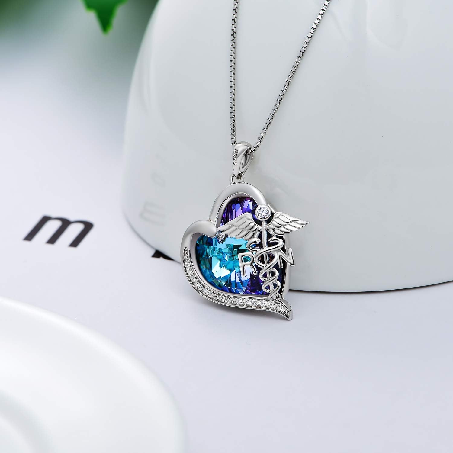 TOUPOP Gifts for Nurse 925 Sterling Silver Nurse Necklace Doctor Nursing Themed Pendant with Crystal RN Medical Caduceus Jewelry Nurse Gifts for Women Student Mom Birthday Graduation