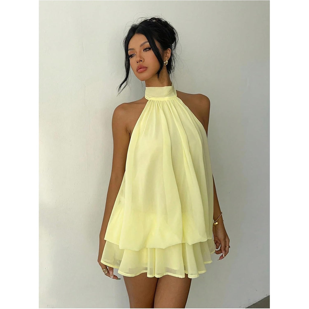 Verdusa Women'S Chiffon Halter Drop Waist Flowy Wedding Guest Mini Dresses