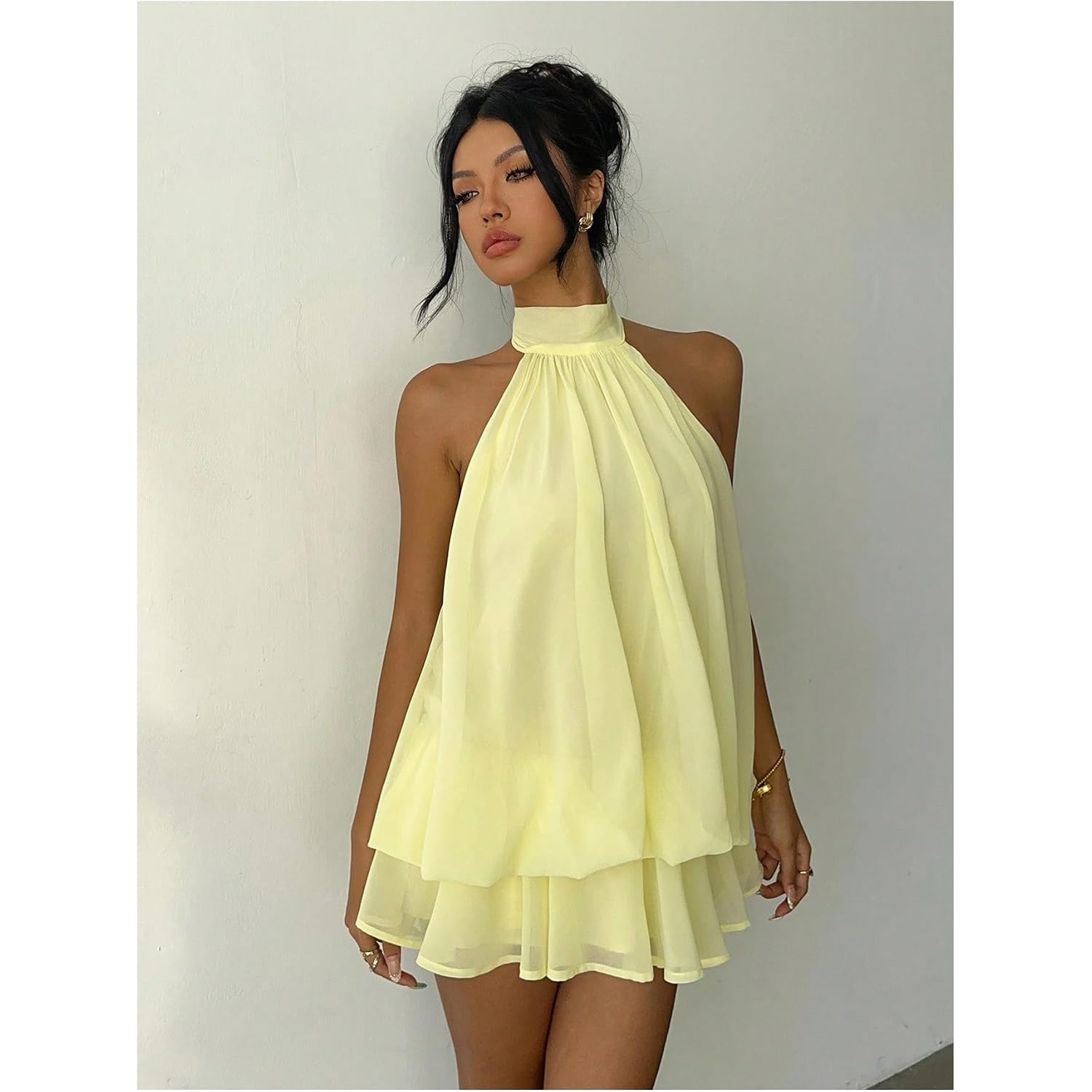 Verdusa Women'S Chiffon Halter Drop Waist Flowy Wedding Guest Mini Dresses