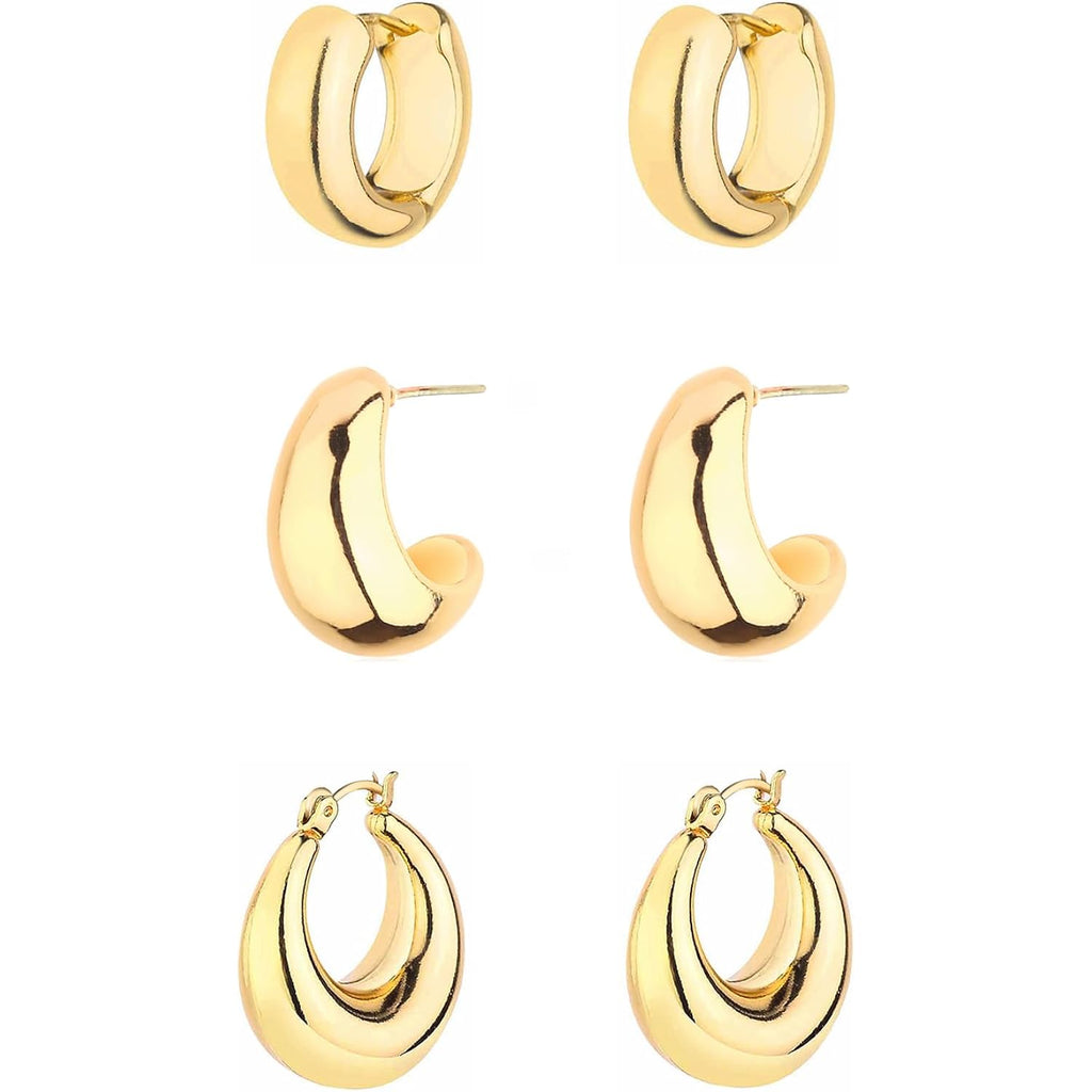 HILXURY Gold Chunky Hoop Earrings Set for Women, 14K Gold Plated Twisted Huggie Hoop Earring Hypoallergenic, Thick Open Hoops Set Lightweight