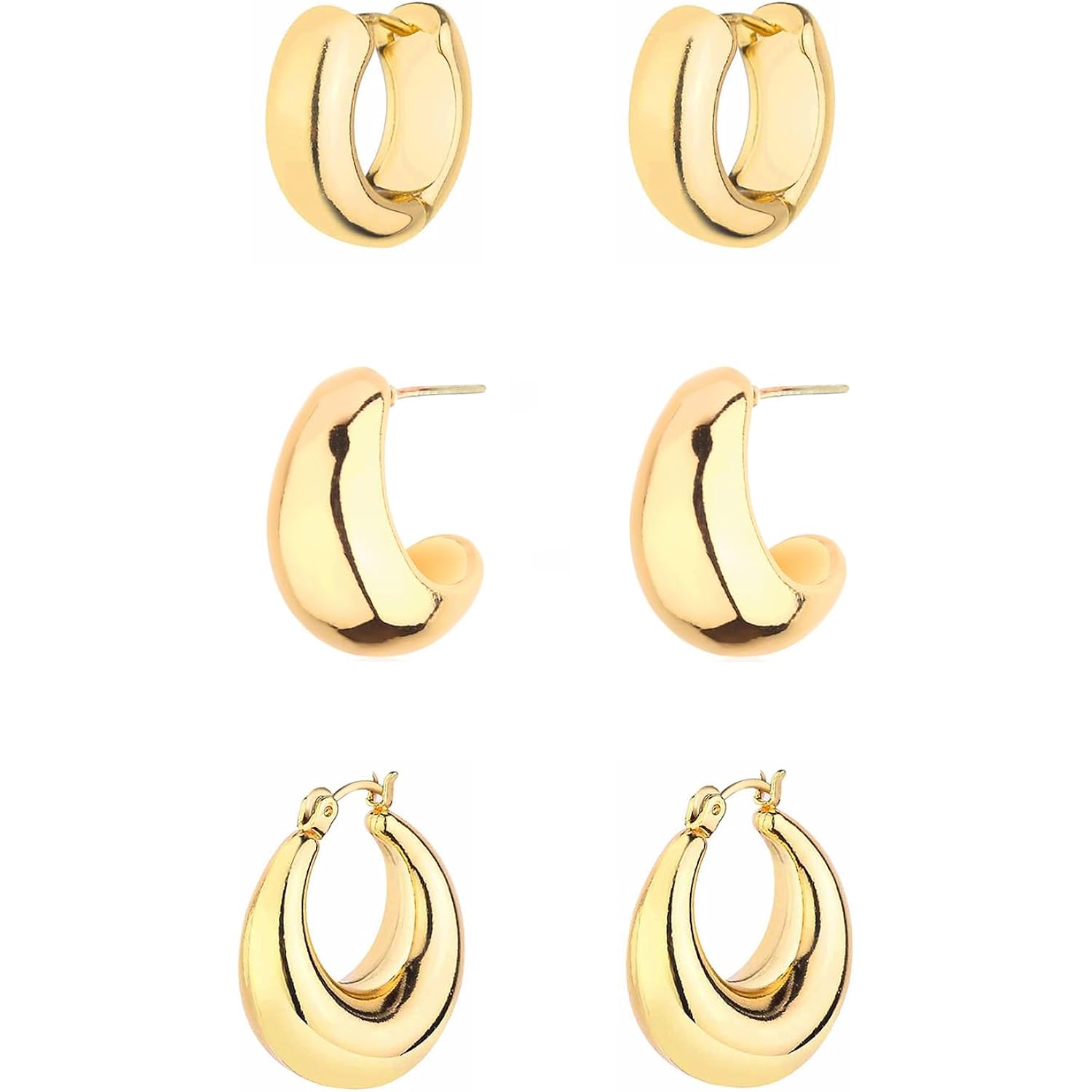 HILXURY Gold Chunky Hoop Earrings Set for Women, 14K Gold Plated Twisted Huggie Hoop Earring Hypoallergenic, Thick Open Hoops Set Lightweight