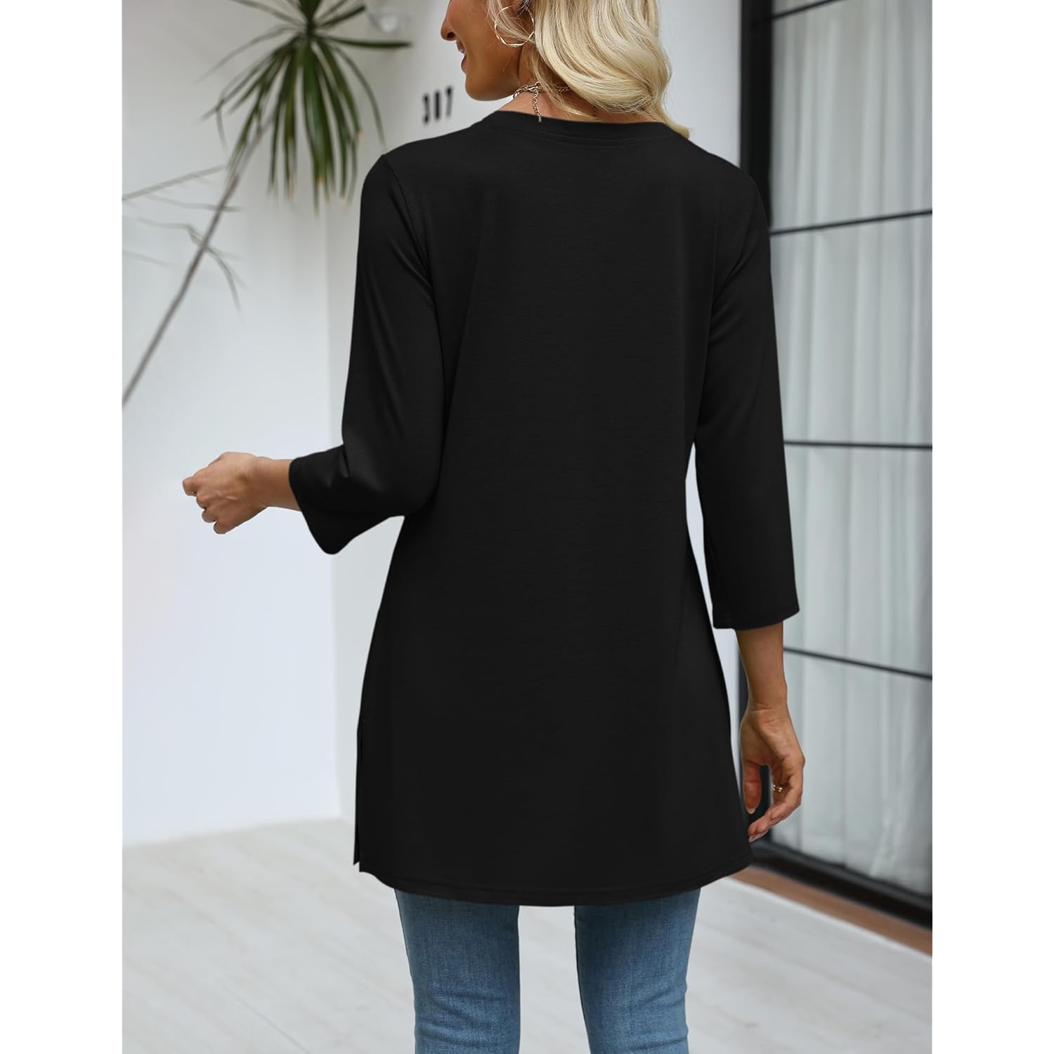 3/4 Length Sleeve Womens Tops Dressy Casual Plus Size V Neck Tunics to Wear with Leggings Side Slit Shirt