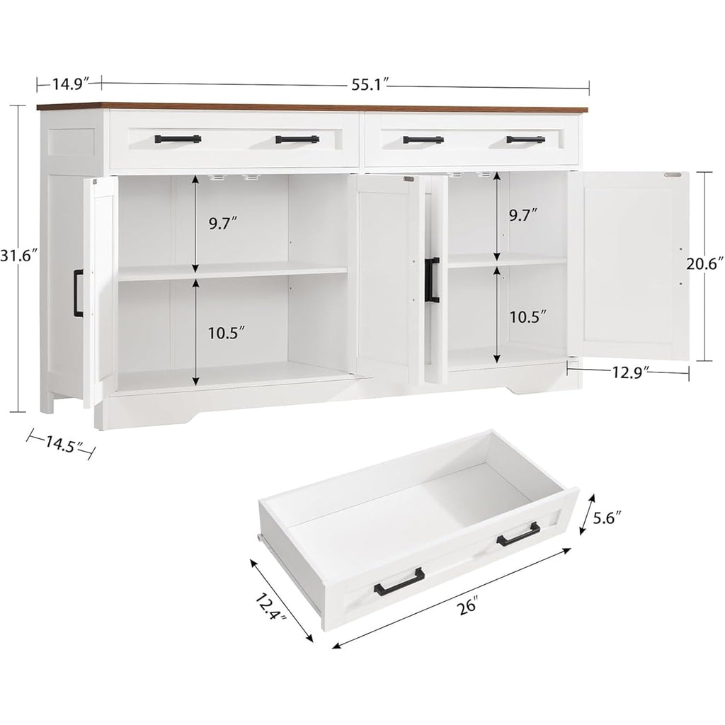 Usikey 55" Buffet Cabinet With Storage And Drawers, Large Sideboard Buffet Cabinet With Adjustable Shelves And Doors, Modern Coffee Bar For Kitchen, Living Room, White