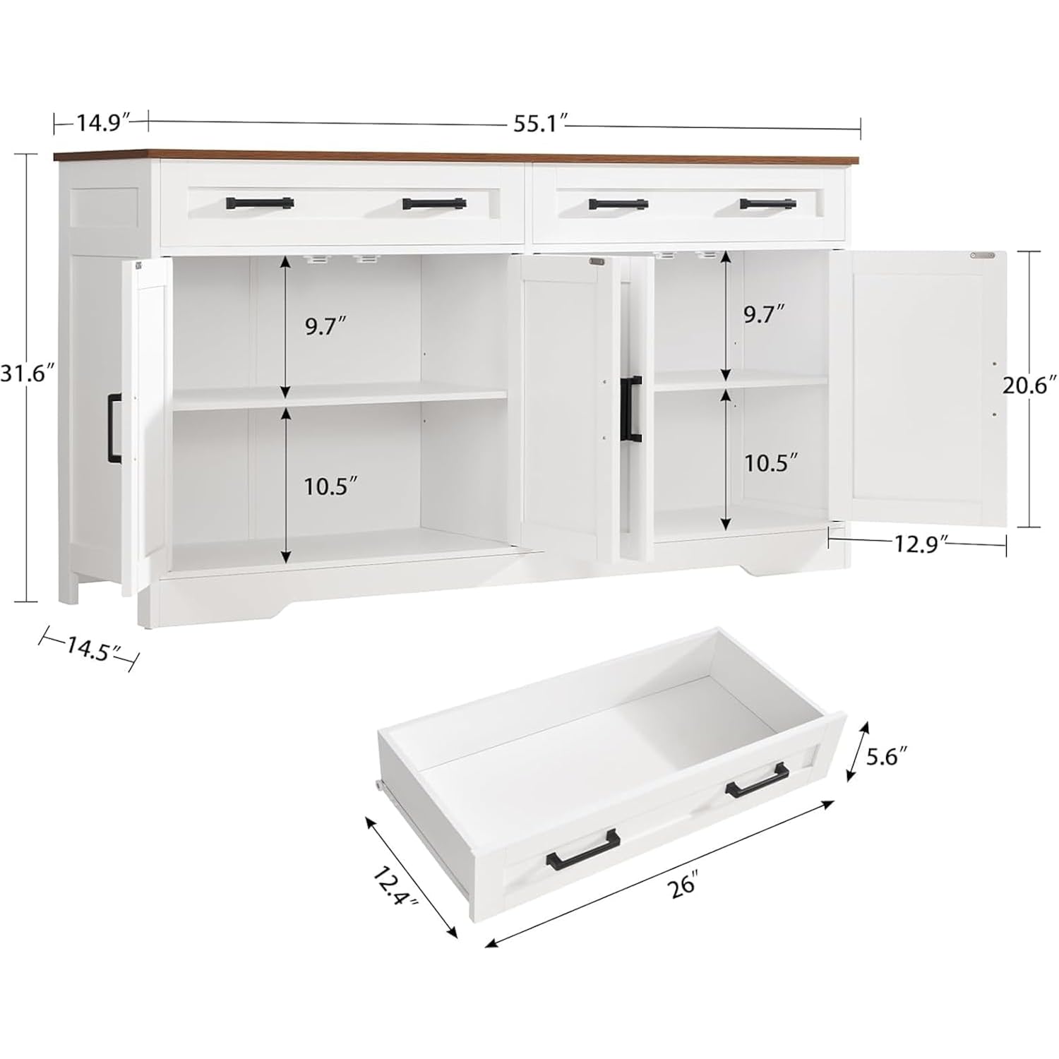 Usikey 55" Buffet Cabinet With Storage And Drawers, Large Sideboard Buffet Cabinet With Adjustable Shelves And Doors, Modern Coffee Bar For Kitchen, Living Room, White