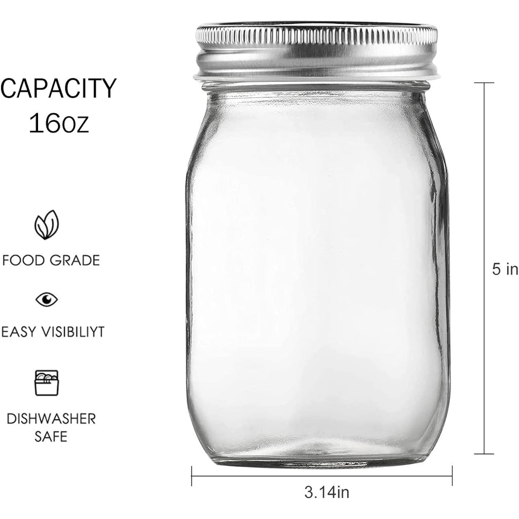 BEWAVE Glass Mason Jars, 16oz Clear Glass Jars with Lids for Sealing, Regular Mouth Canning Jars for Food Storage, Snacks, Candies, DIY Projects, 4 Pack