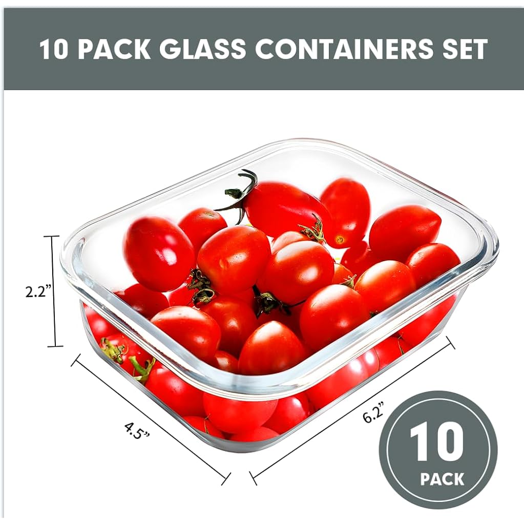 Verones 10 Pack 22 Oz Glass Meal Prep Containers, Airtight Glass Lunch Containers Set, Glass Food Storage Containers With Lids,Exclusive Of Bpa, For Microwave, Oven, Freezer & Dishwasher Friendly,Grey