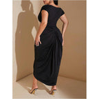 Floerns Women'S Plus Size Asymmetrical Neck Long Dress Ruched Slit Hem Cocktail Dress