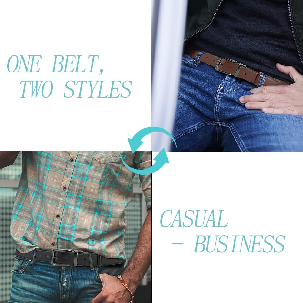 Reversible Leather Belt For Men 1.25" - Dual Sided Dress And Casual Belt, Trim To Fit, 2 Styles In One Belt