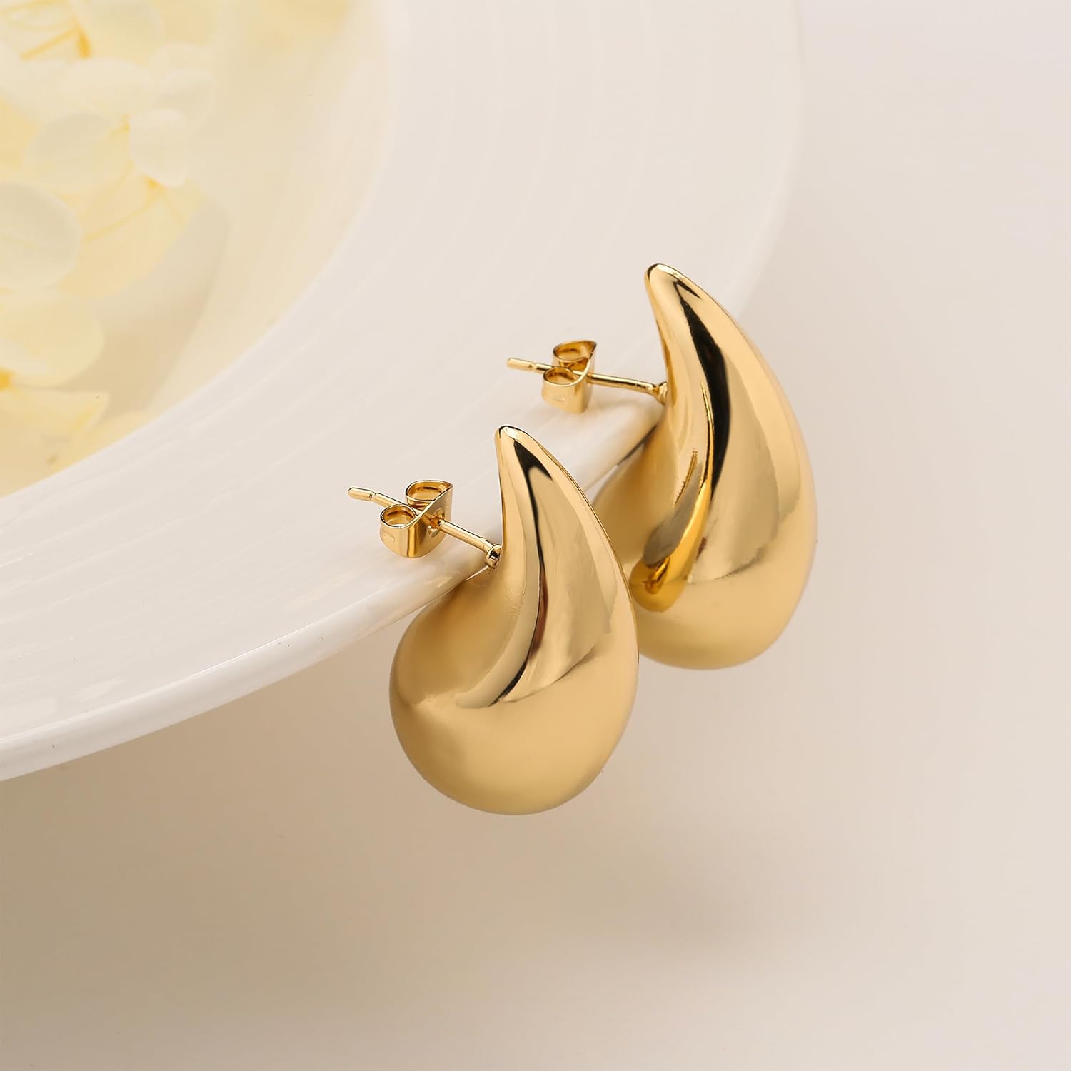 Apsvo Chunky 14K Gold Plated Hoop Earrings for Women, Lightweight Waterdrop Hollow Open Hoops, Hypoallergenic Dupes Earrings