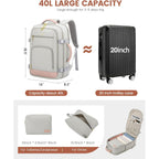 Lovevook Travel Backpack For Women, 40L Carry On Backpack Flight Approved, Tsa Personal Item Travel Bag Fits 17 Inch Laptop, Business Weekender Overnight Waterproof Daypack With 2 Cubes, Grey-Pink
