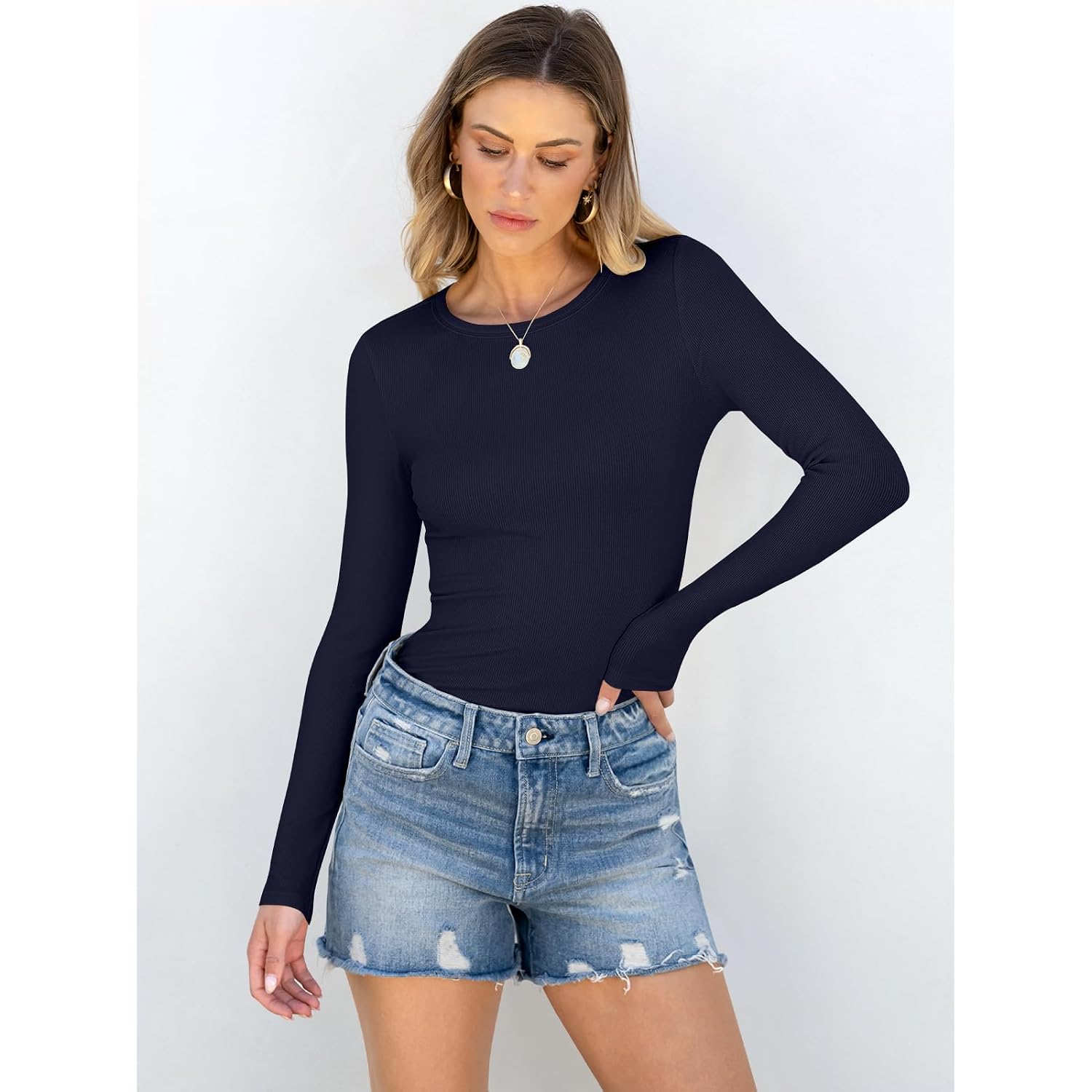 ANRABESS Women Long Sleeve Shirts Rib Knit Slim Fit Tops Basic Tee Spring Outfits Casual T-Shirt Underscrubs Layer Clothes