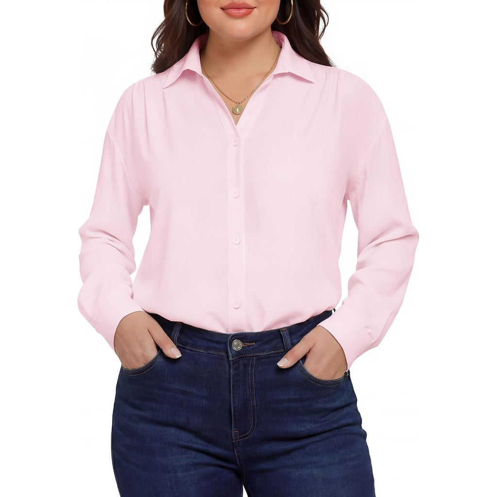 Plus Size Womens Solid Color V Neck Button Down Blouse Long Sleeve Casual Business Dressy Blouses Xl-5Xl