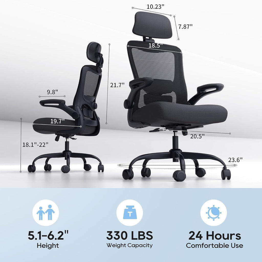Ergonomic Office Chair For Long Hours, Adjustable Padded Lumbar Support For Lower Back Relief, 330 Lb Capacity, Comfortable Computer Desk Chair For Home Office, Work & Study