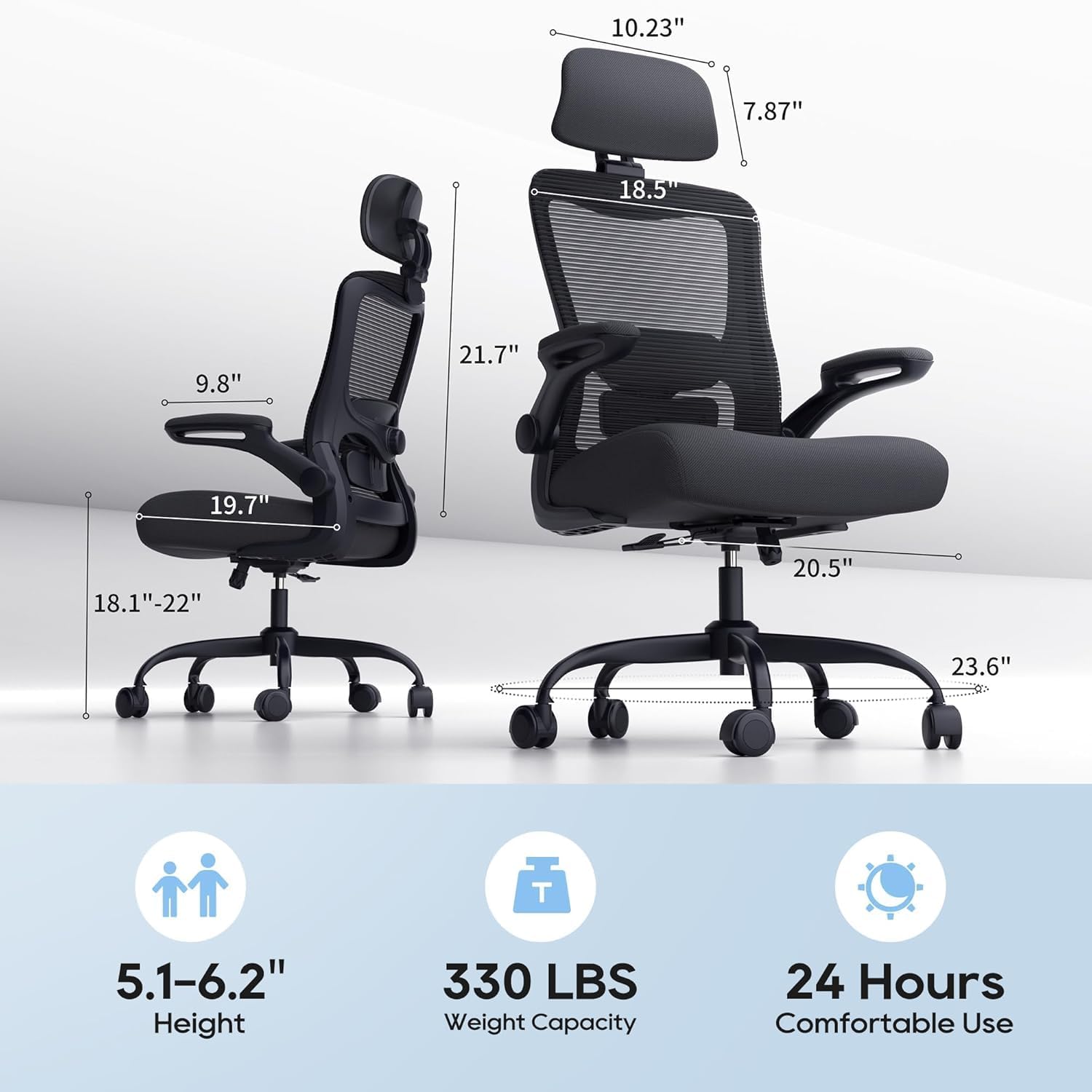 Ergonomic Office Chair For Long Hours, Adjustable Padded Lumbar Support For Lower Back Relief, 330 Lb Capacity, Comfortable Computer Desk Chair For Home Office, Work & Study