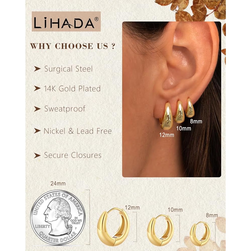 Surgical Steel Small Huggie Hoop Earrings for Women Set,14K Gold Plated Hypoallergenic Lightweight Earrings, Waterproof Non-Tarnish Circular Huggies for Multiple Piercings
