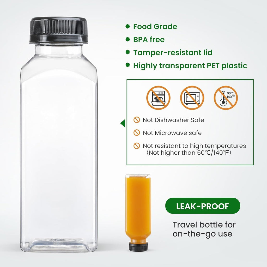 24 PACK, 12 OZ Reusable Plastic Juice Bottles with Caps, Plus 24 Labels & 2 Silicone Funnels - Clear Juicing Bottles for Juice, Smoothies, Ginger, Tea, Coffee - Food Grade & Leakproof Travel Bottles