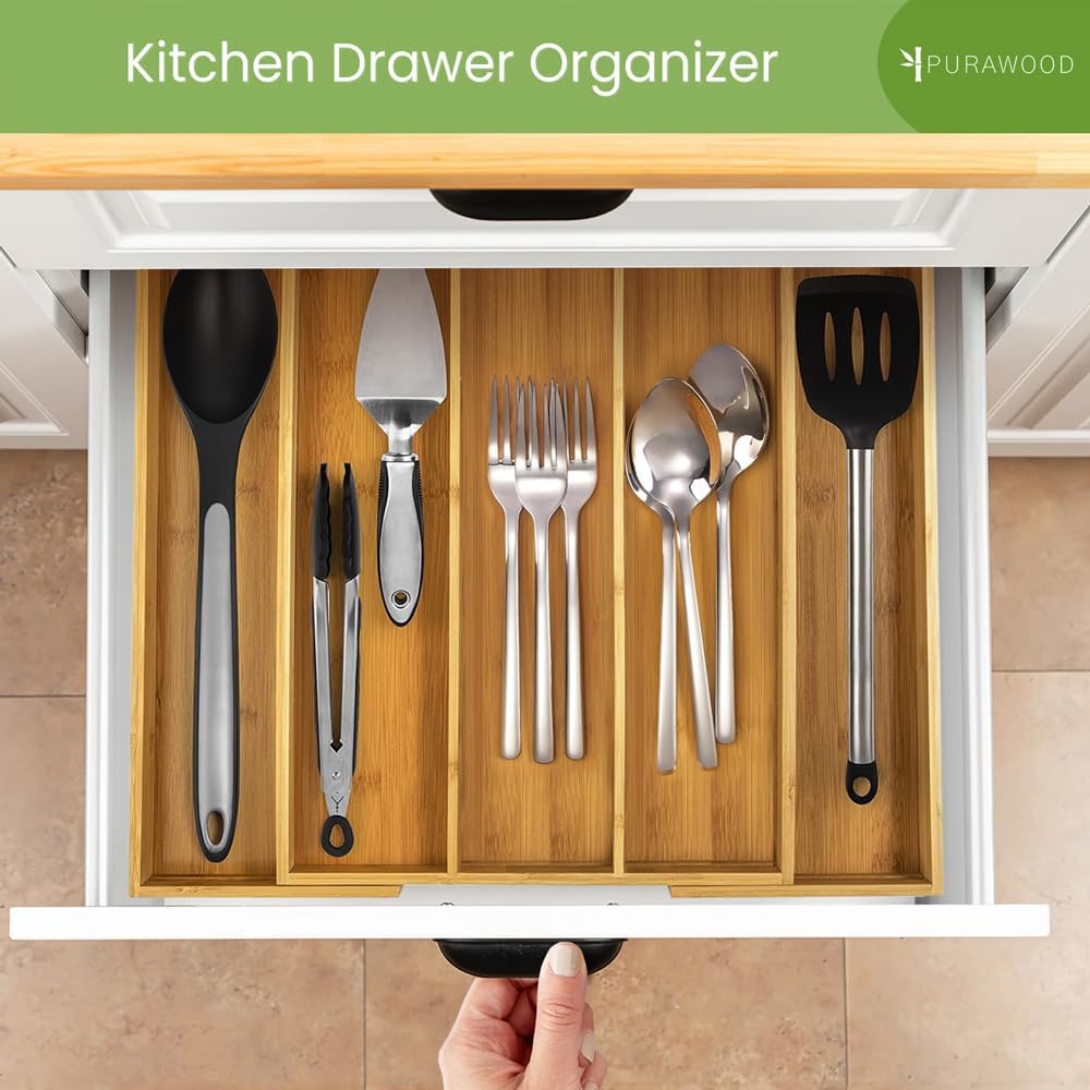 Purawood Kitchen Drawer Organizer - Expandable Utensil Drawer Organizer For Kitchen, Cutlery Tray & Silverware Organizer, 3-5 Slots - Bamboo Organizer For Utensils & Flatware (Natural)